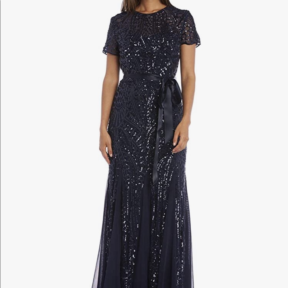 Long navy, sequin gown for petite women